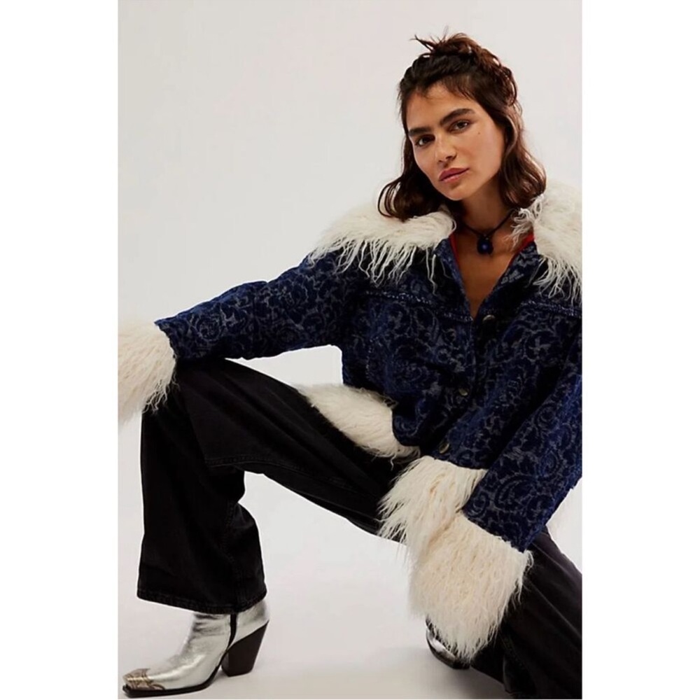 NWT Free People Sabina Faux Fur Trim Lined Bomber Jacket Indigo White Si…